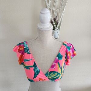 La Blanca Isla Printed Flutter Sleeve Bikini Top Size 4 New Tropical Floral
